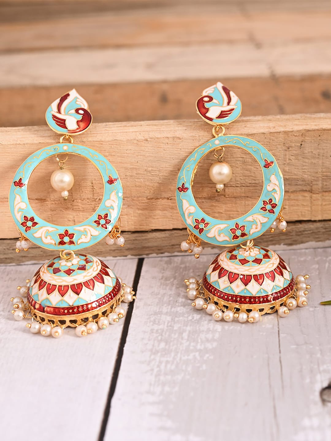 

VIRAASI Blue & Gold-Toned Meenakari Dome Shaped Jhumkas