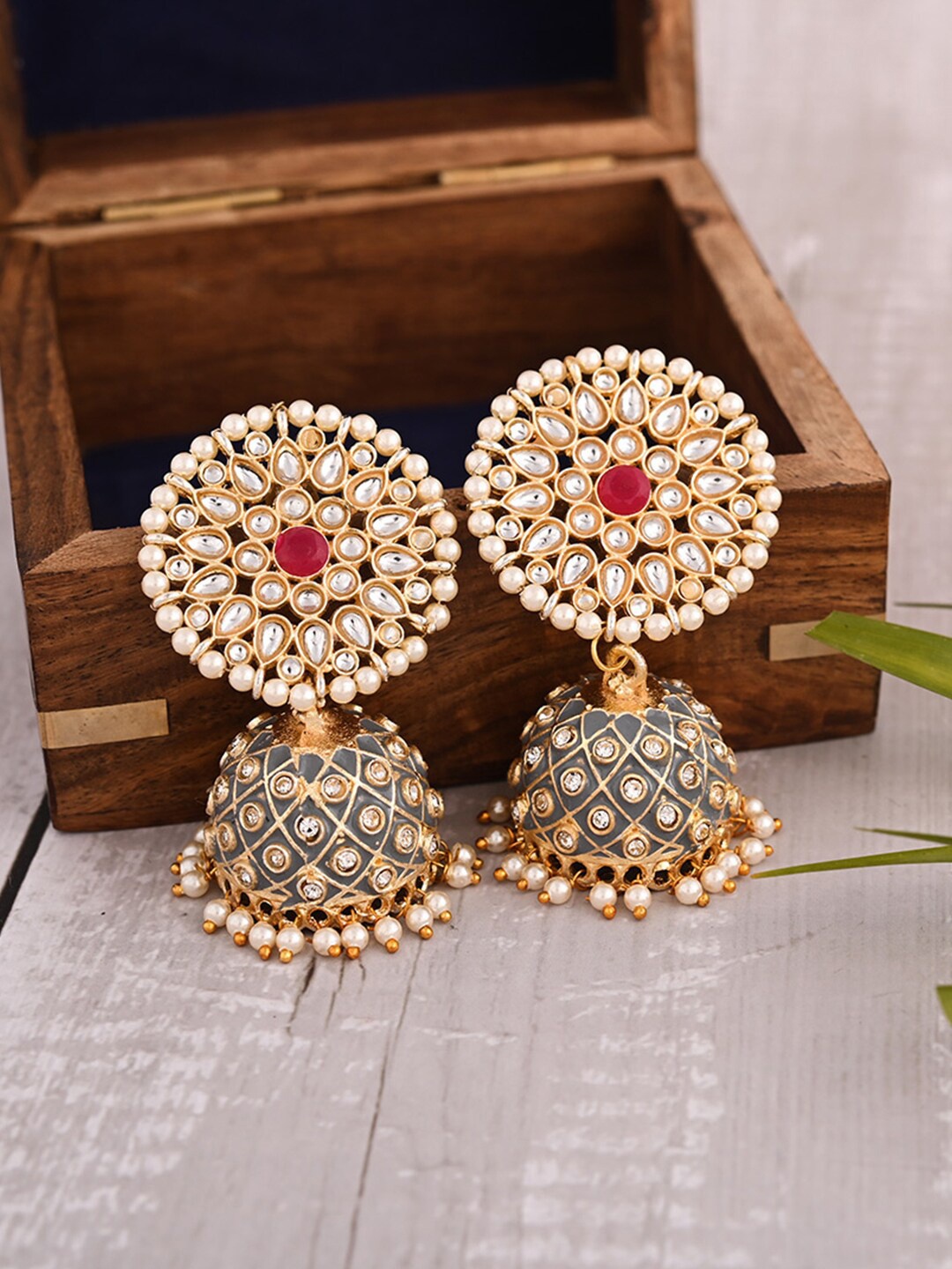 

VIRAASI Gold-Toned & Grey Meenakari Contemporary Jhumkas