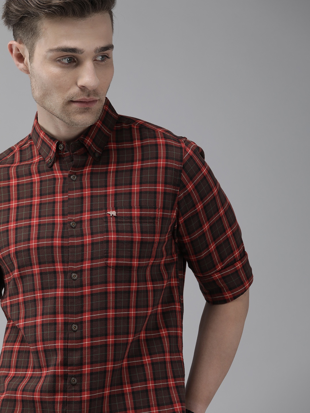 

THE BEAR HOUSE Men Brown Slim Fit Checked Opaque Cotton Casual Shirt