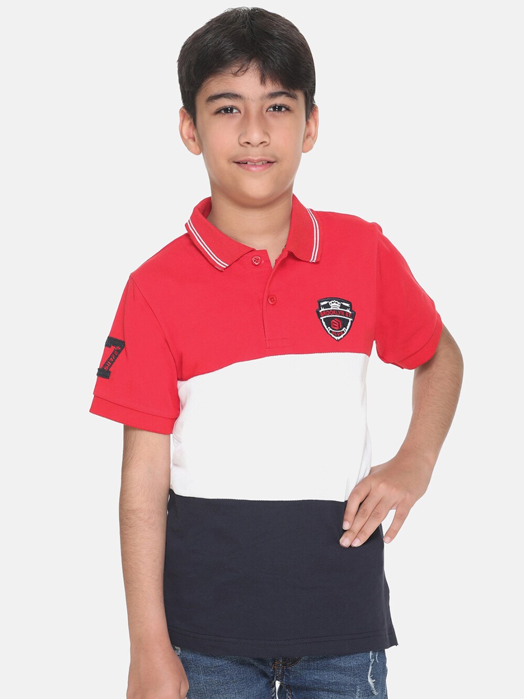 

KEPA Boys Red & White Colourblocked Polo Collar Applique T-shirt