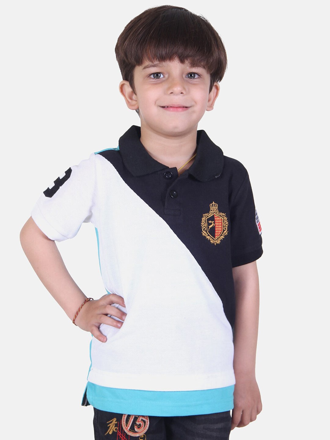 

KEPA Boys White & Blue Colourblocked Polo Collar Applique T-shirt