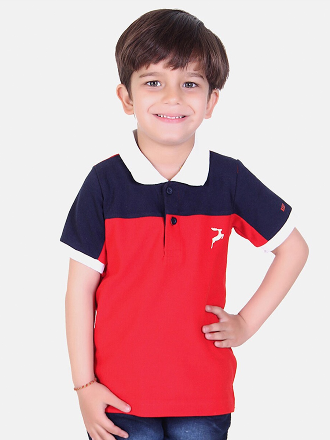 

KEPA Boys Red & Navy Blue Colourblocked Polo Collar T-shirt