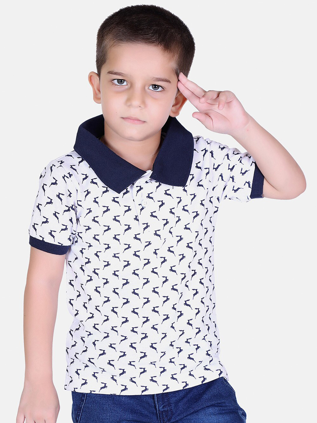

KEPA Boys White & Blue Printed Polo Collar T-shirt
