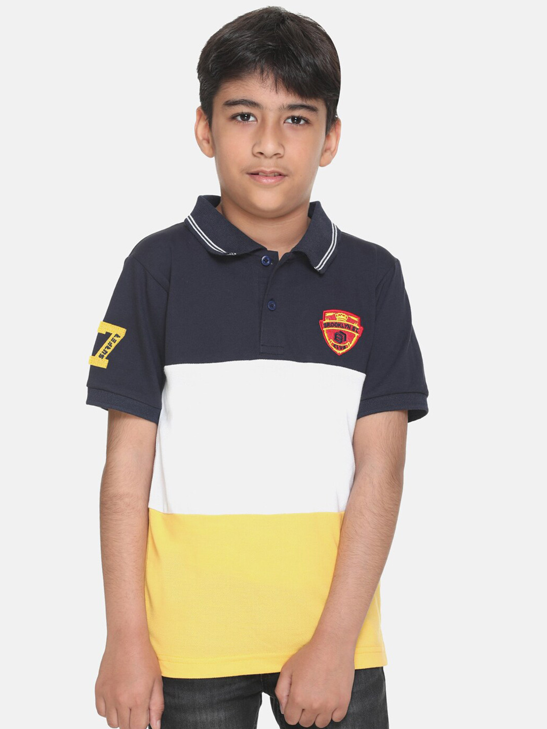 

KEPA Boys White & Yellow Colourblocked Polo Collar Applique T-shirt