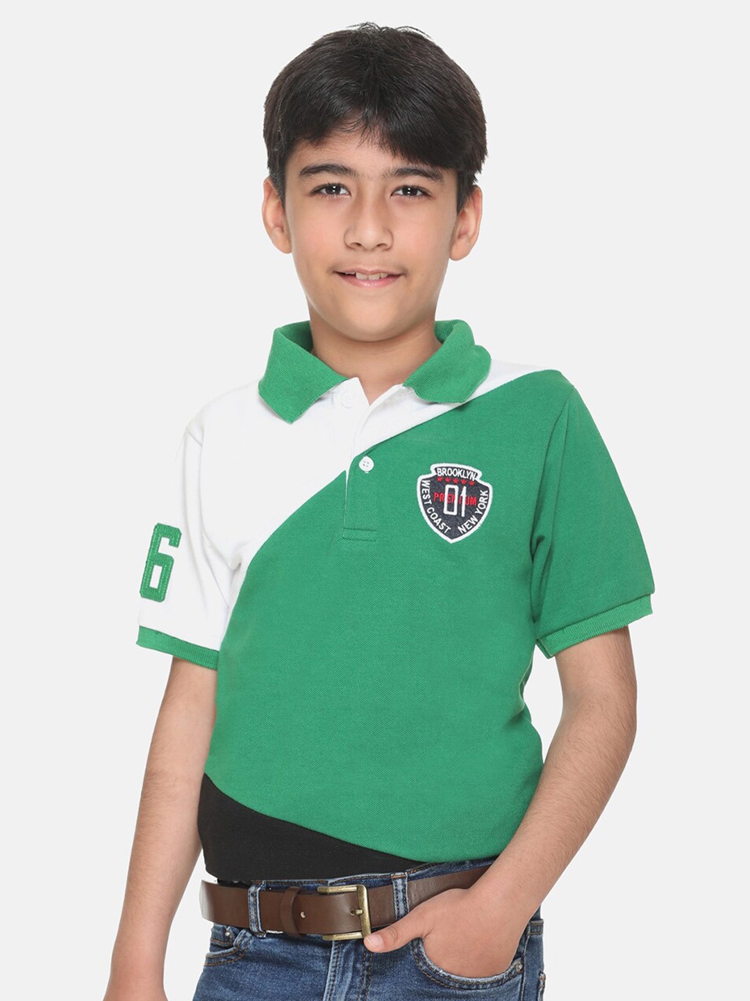 

KEPA Boys Green & White Colourblocked Polo Collar Applique T-shirt