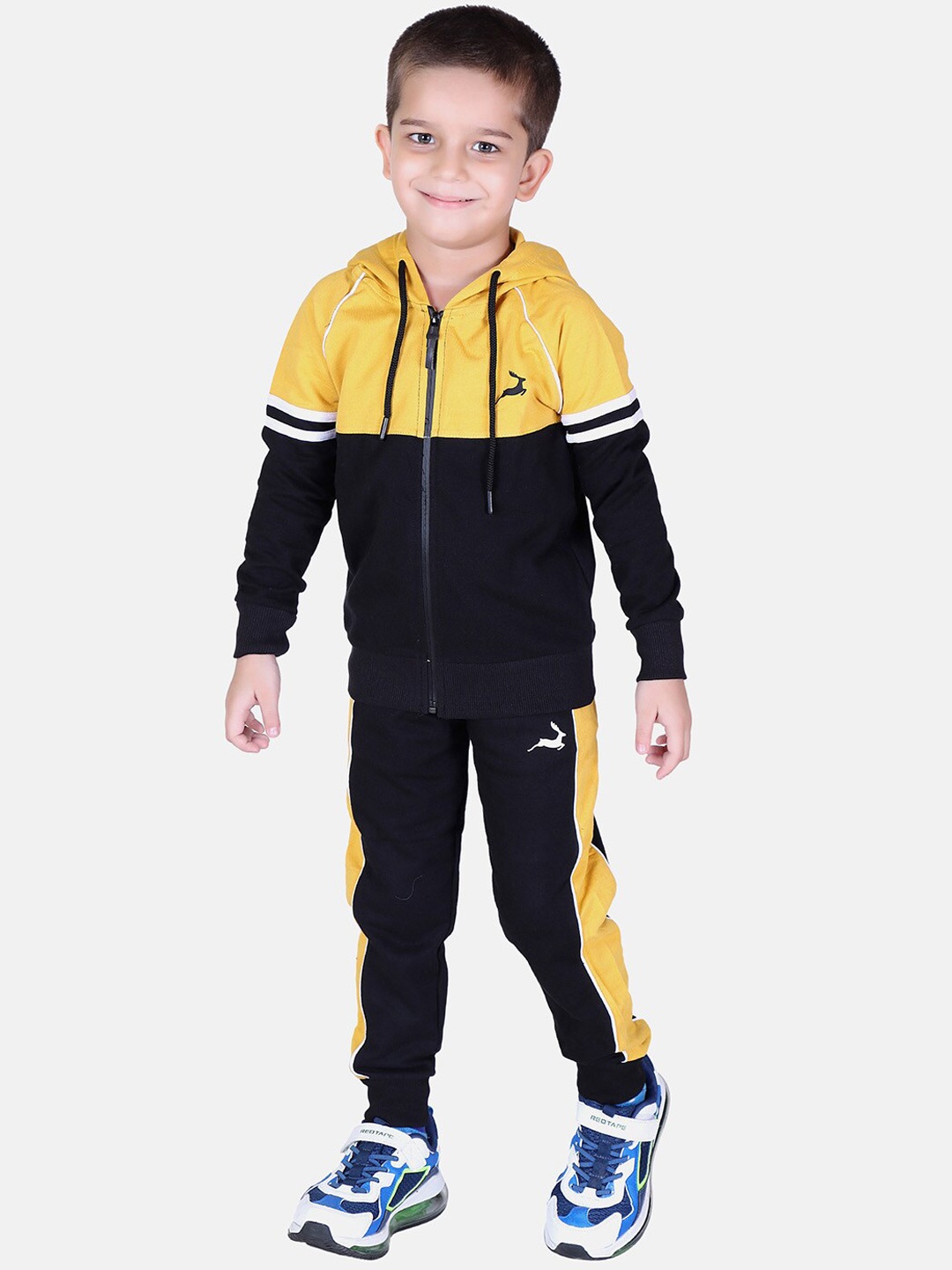 

KEPA Boys Mustard Yellow & Black Colourblocked Cotton Hooded Tracksuits