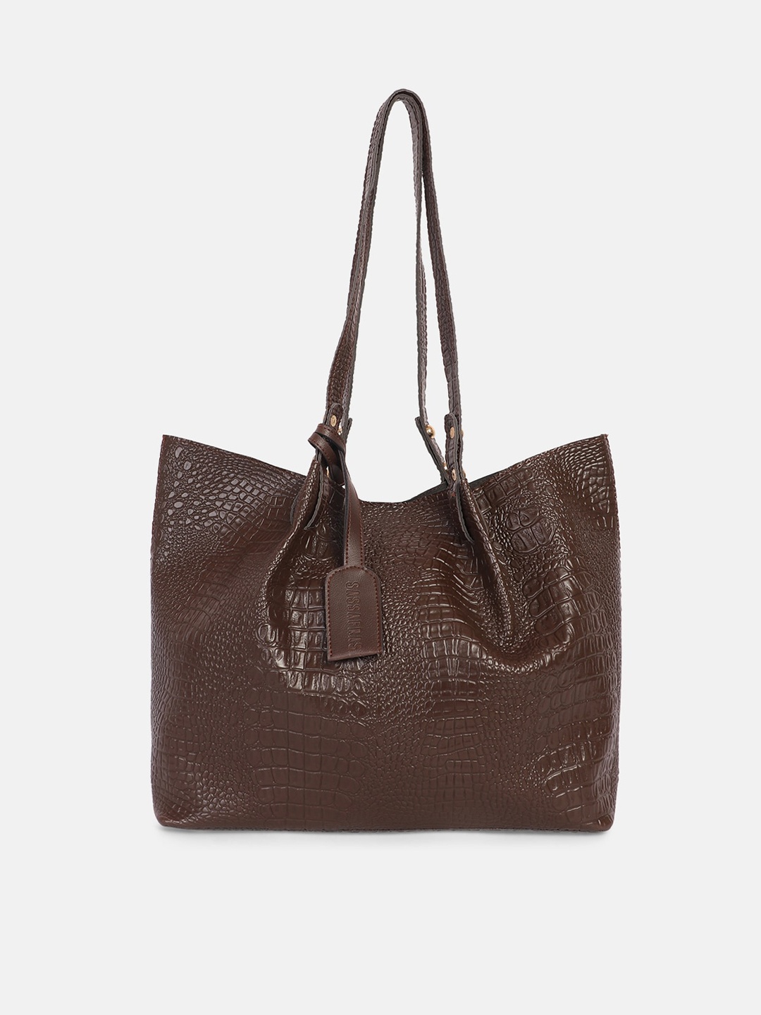 

SASSAFRAS Brown Animal Textured PU Shopper Tote Bag with Cut Work