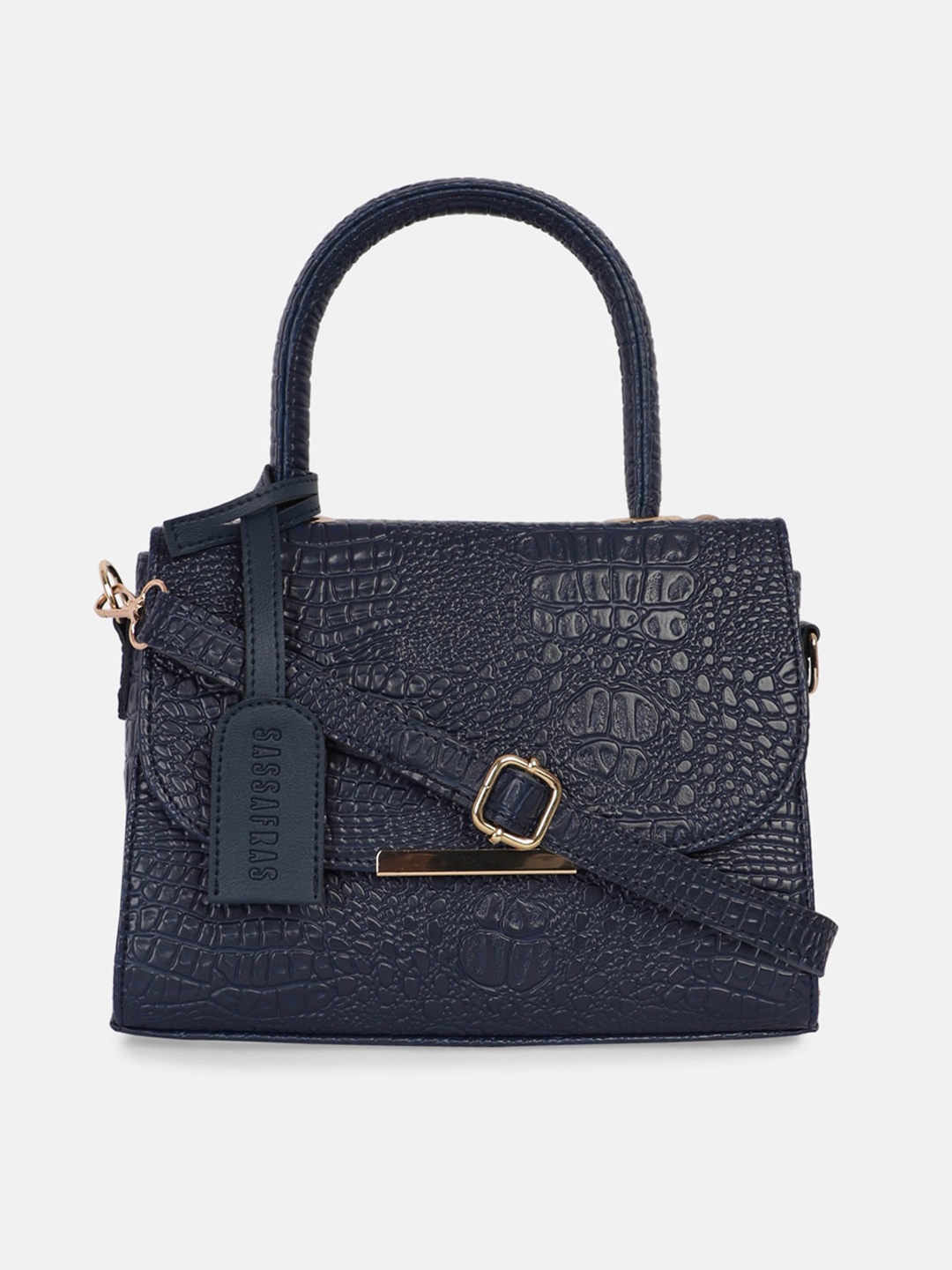 

SASSAFRAS Blue Textured PU Structured Handheld Bag with Cut Work