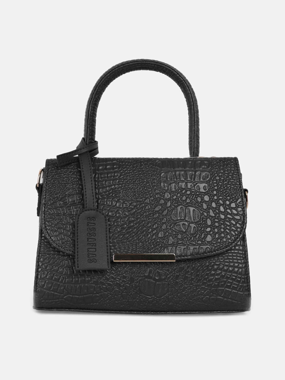 

SASSAFRAS Black Textured PU Structured Handheld Bag with Cut Work