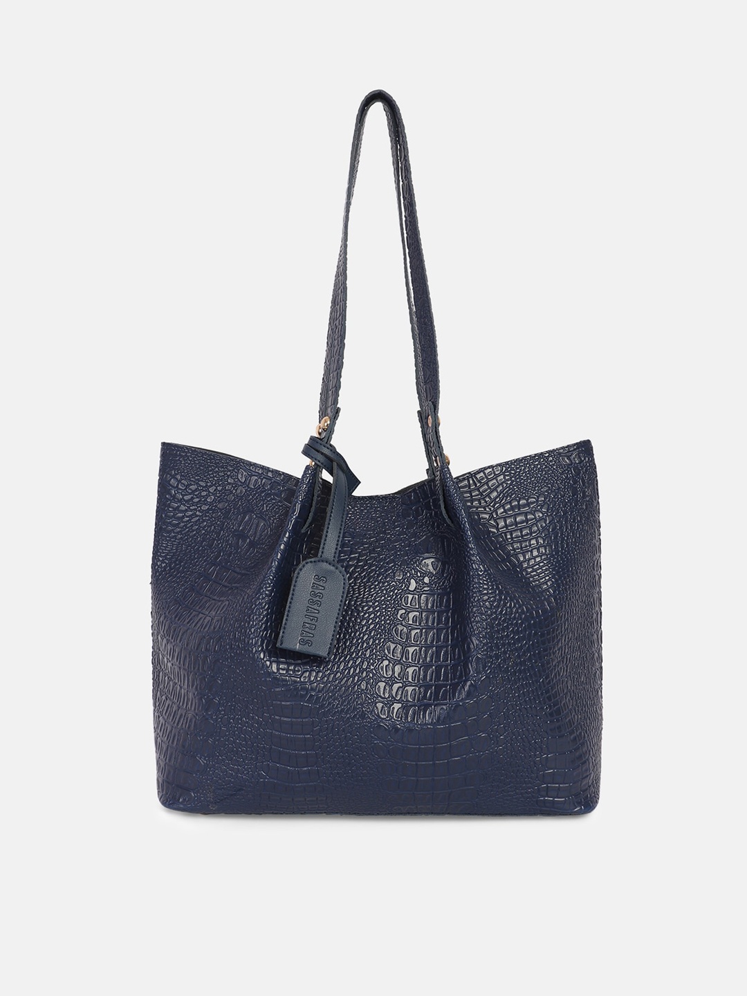 

SASSAFRAS Blue Textured PU Structured Shoulder Bag with Tasselled