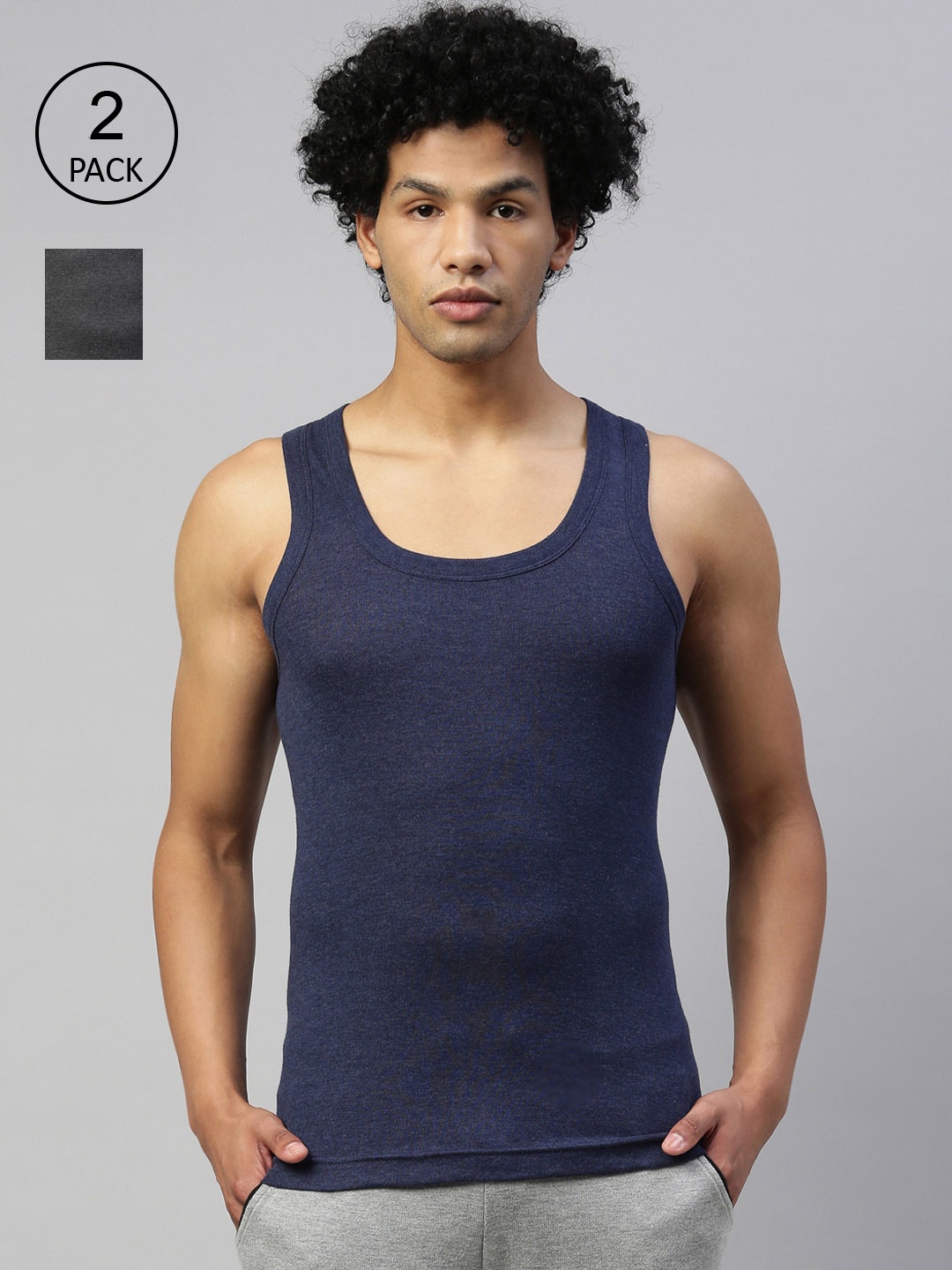 

DIXCY SCOTT MAXIMUS Men Pack Of 2 Solid Pure Cotton Gym Vests, Navy blue