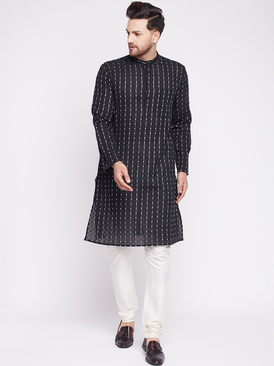 

even Men Black Geometric Striped Thread Work Kurta