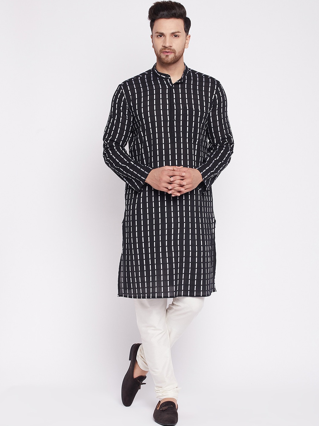 

even Men Black Striped Thread Work Kurta