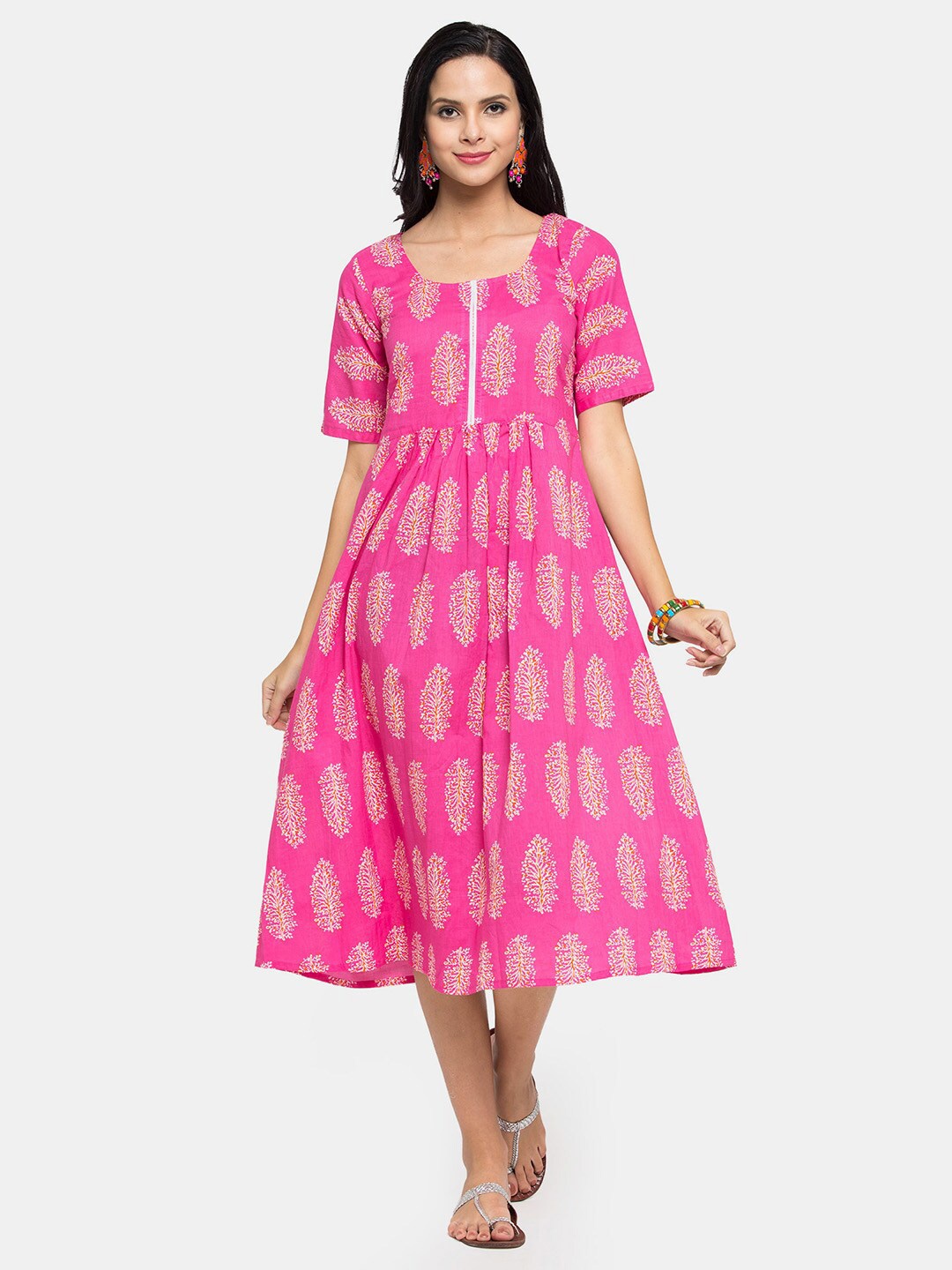 

Enchanted Drapes Pink Ethnic Motifs Midi Dress