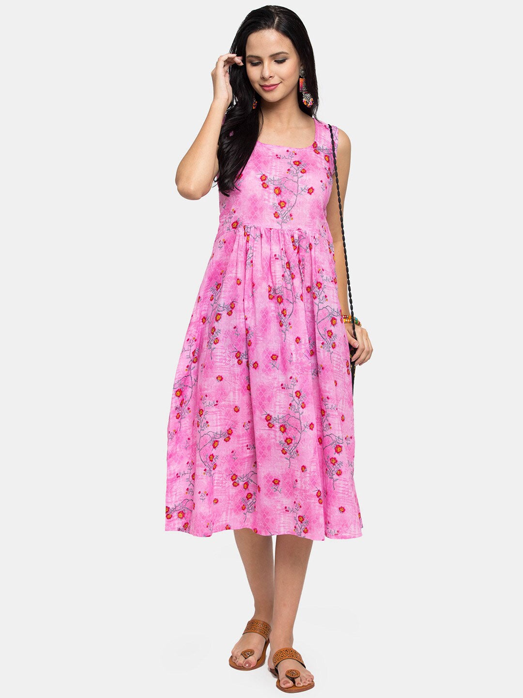 

Enchanted Drapes Pink Floral Midi Dress