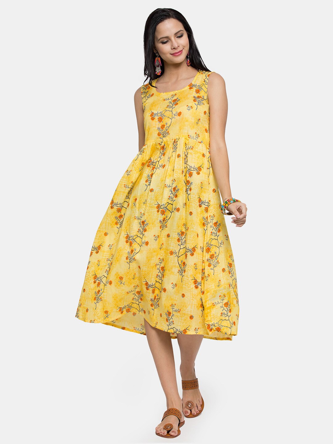 

Enchanted Drapes Yellow Floral A-Line Midi Dress