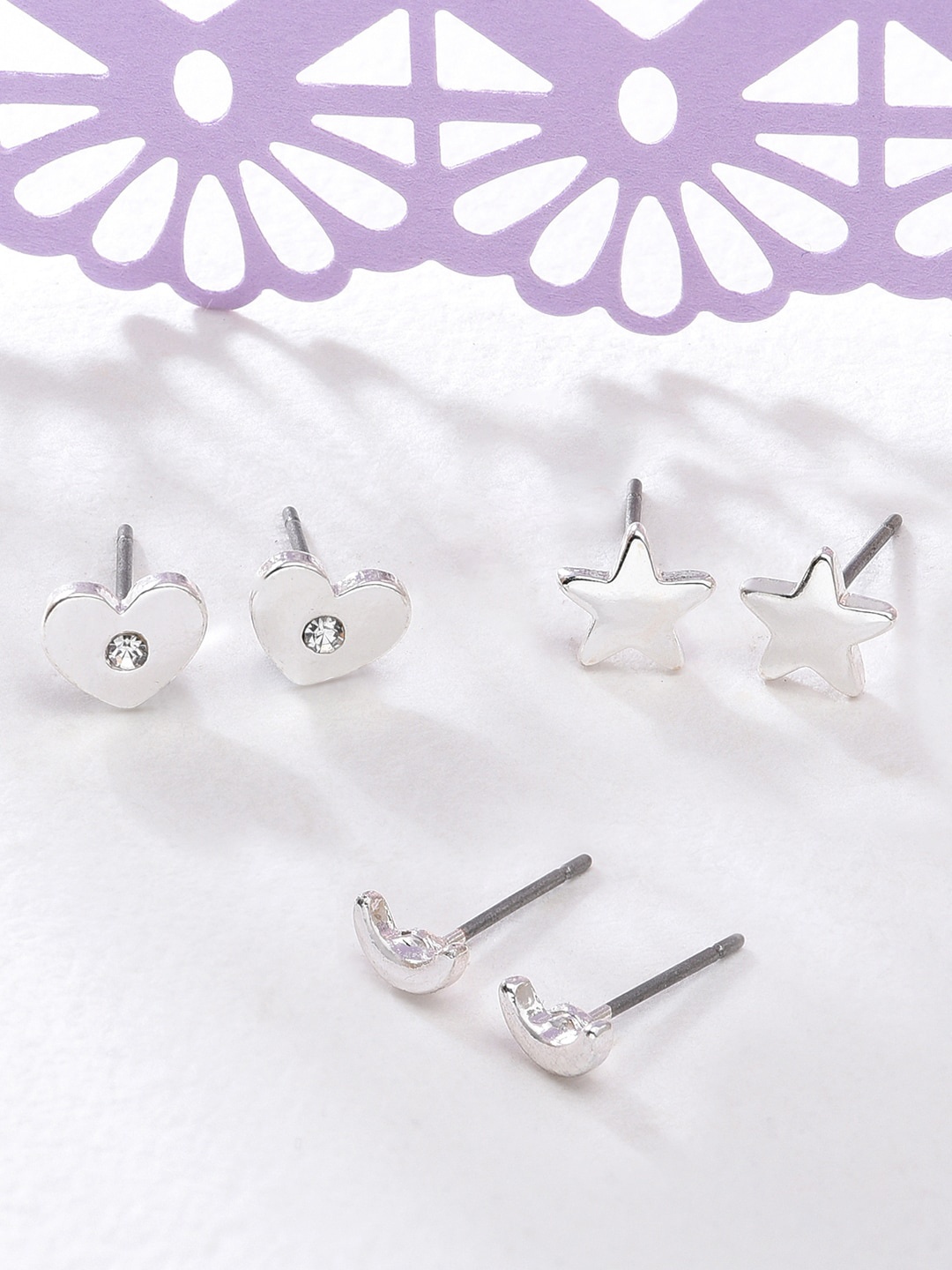 

Accessorize London Women Set of 3 Silver-Toned Star Heart Stud Earrings