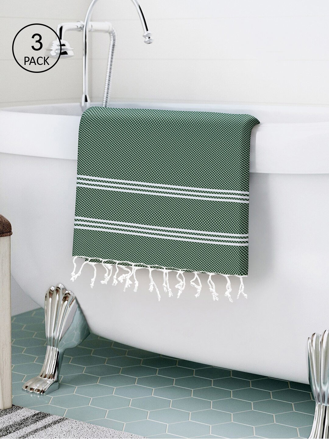 

Story@home Pack of 3 200TC Pure Cotton Striped Bath Towels, Green