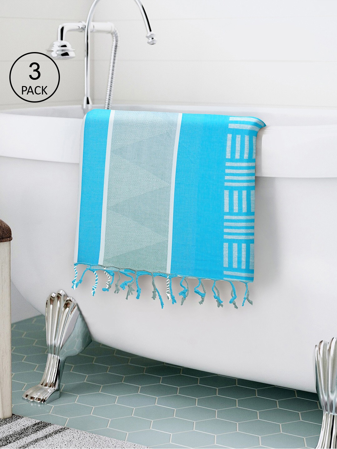 

Story@home Set Of 3 Blue & White Printed Pure Cotton 200 GSM Bath Towels
