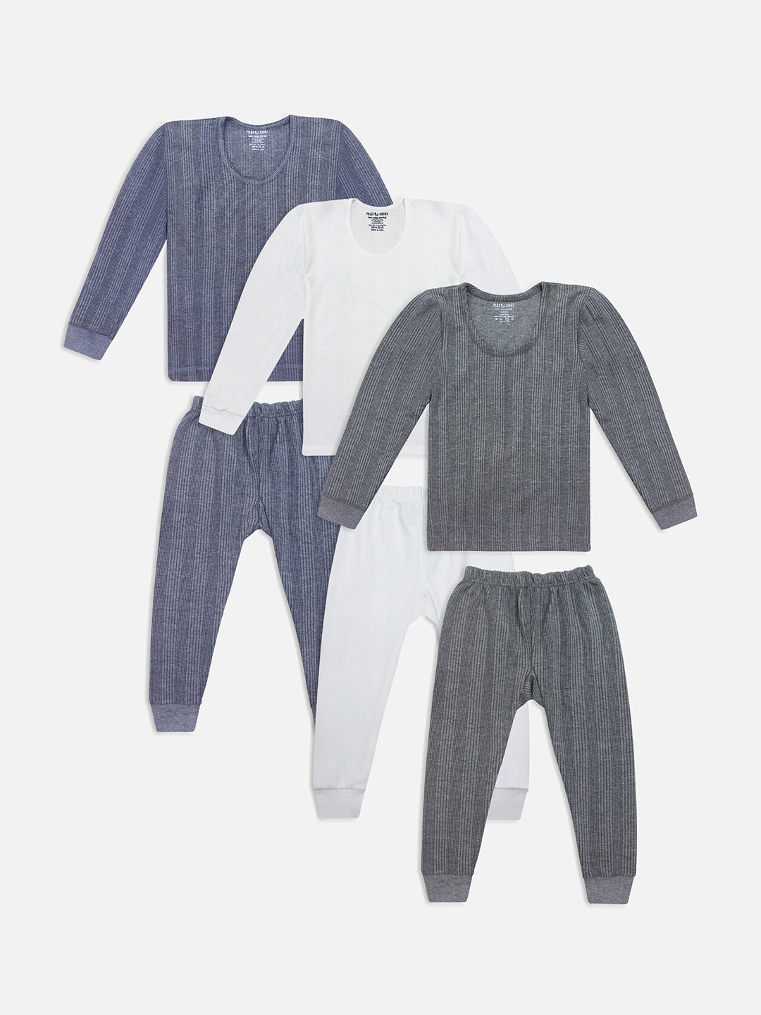 

Miss & Chief Kids Pack Of 3 Grey & Off-White Striped Thermal Sets