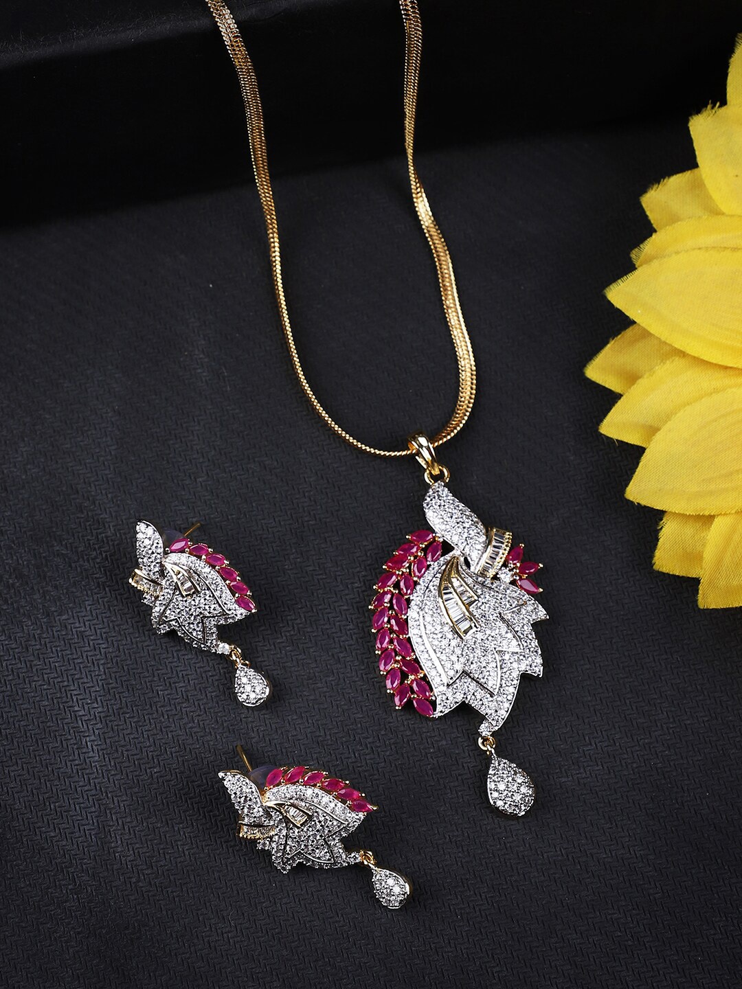 

ANIKAS CREATION Gold-Plated & Pink American Diamond-Studded Jadau Pendant Set