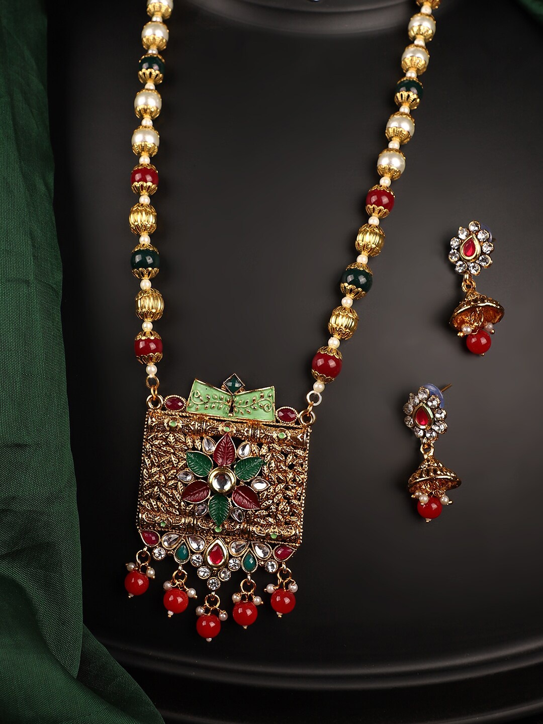 ANIKAS CREATION Gold-Toned Meenakari Long Crystal Necklace & Earring