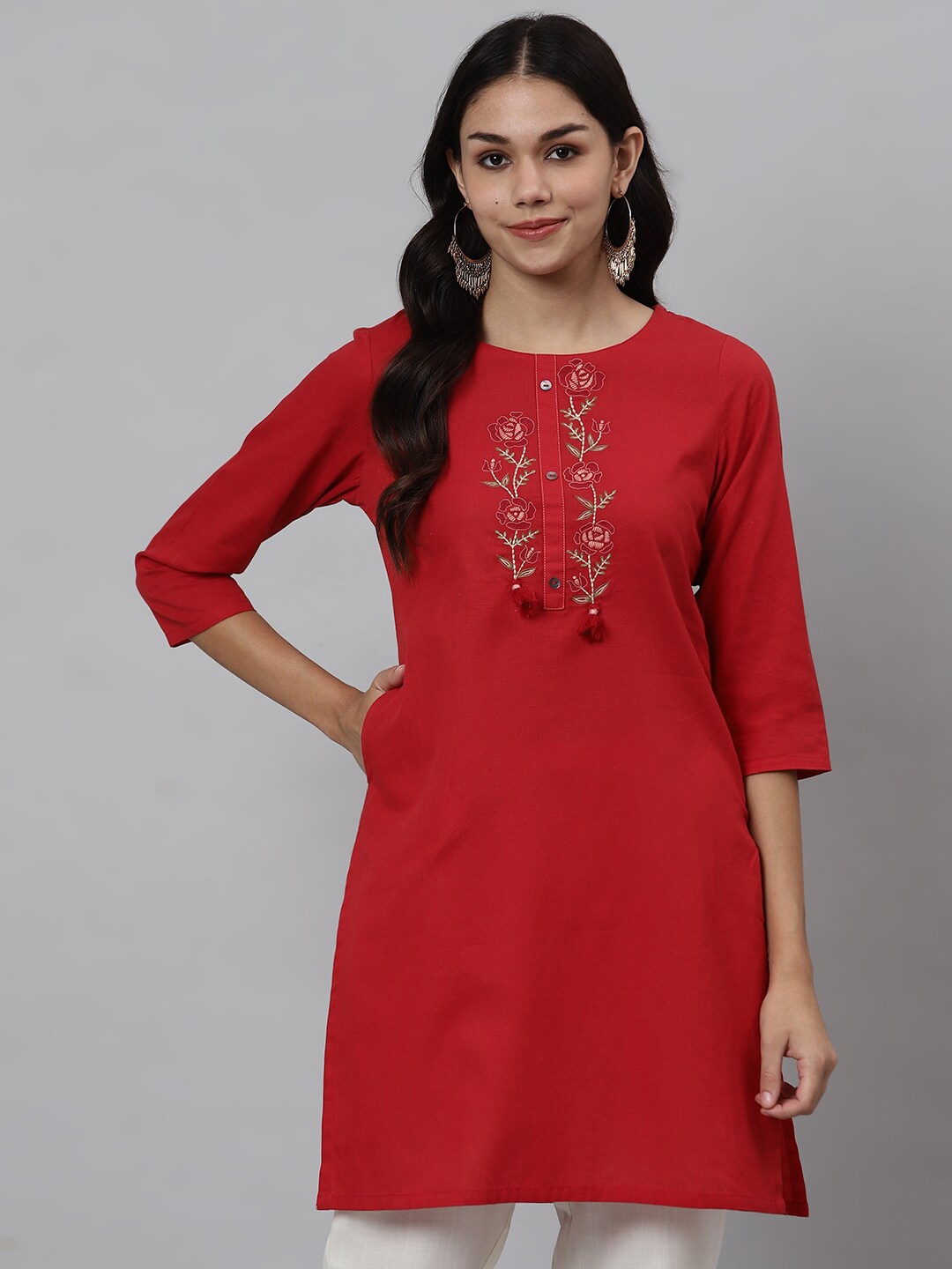 

Os Red Floral Embroidered Thread Work Pure Cotton Thread Work Kurti