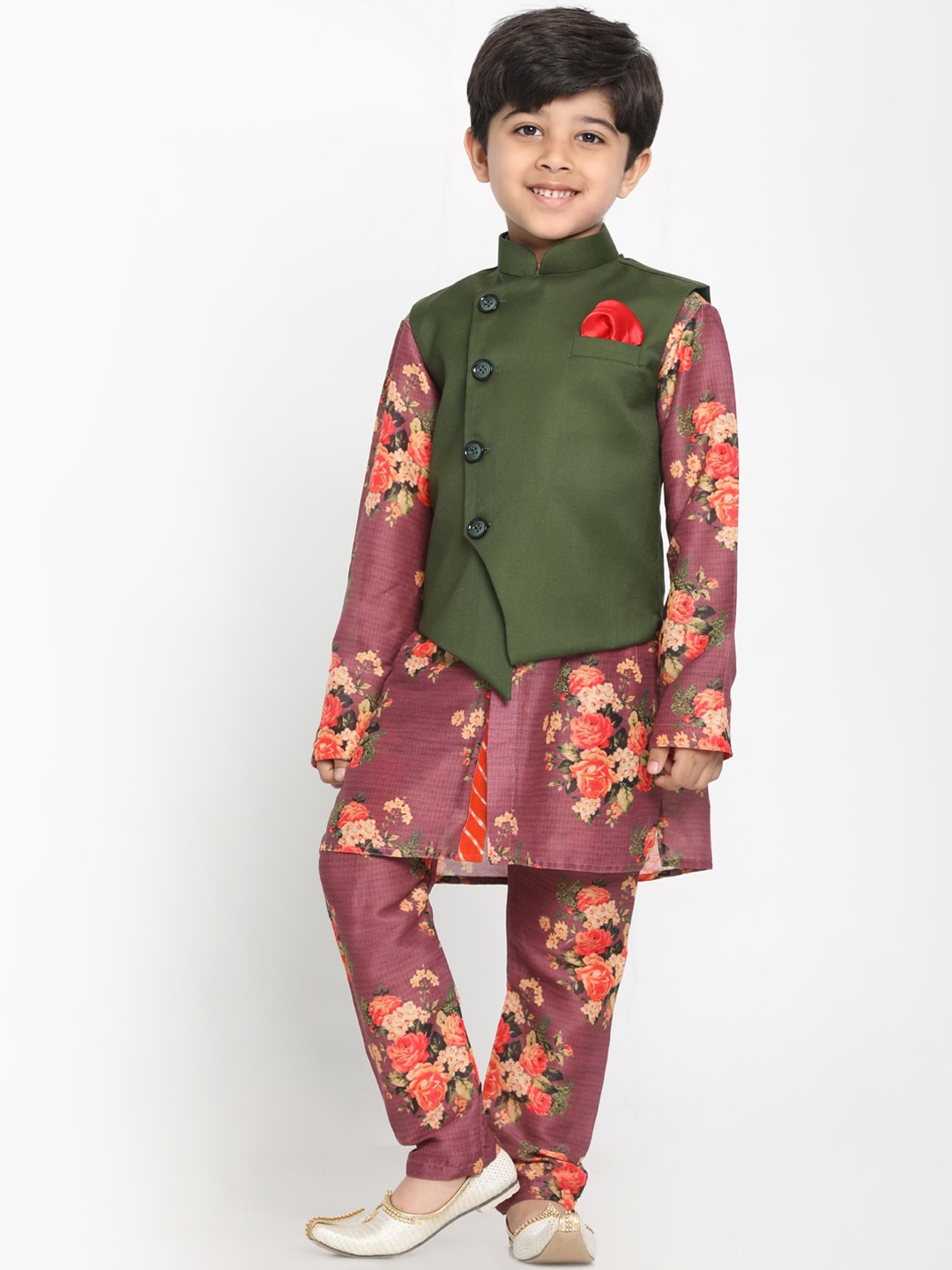 

JBN Creation Boys Magenta Floral Printed Kurta with Pyjamas With Nehru Jacket