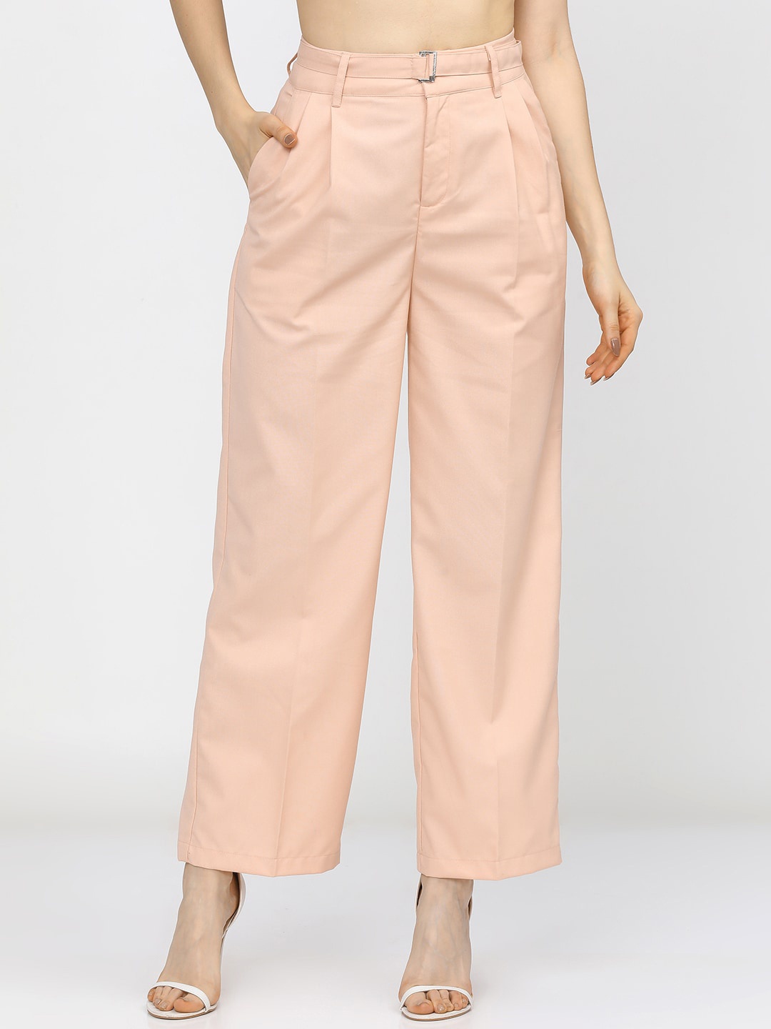 

Tokyo Talkies Women Peach-Coloured Flared Pleated Trousers