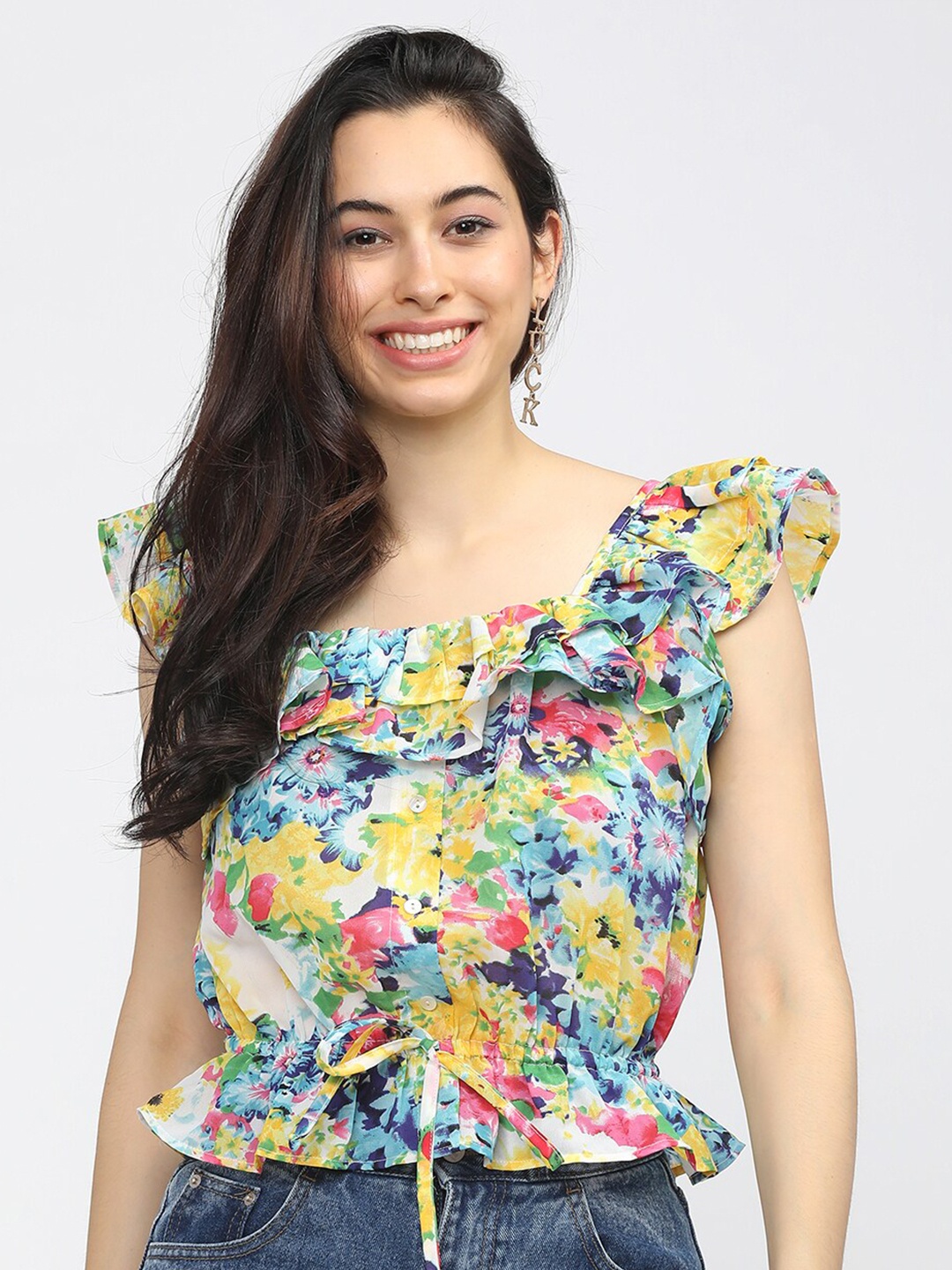 

Tokyo Talkies Blue Floral Print Cinched Waist Top
