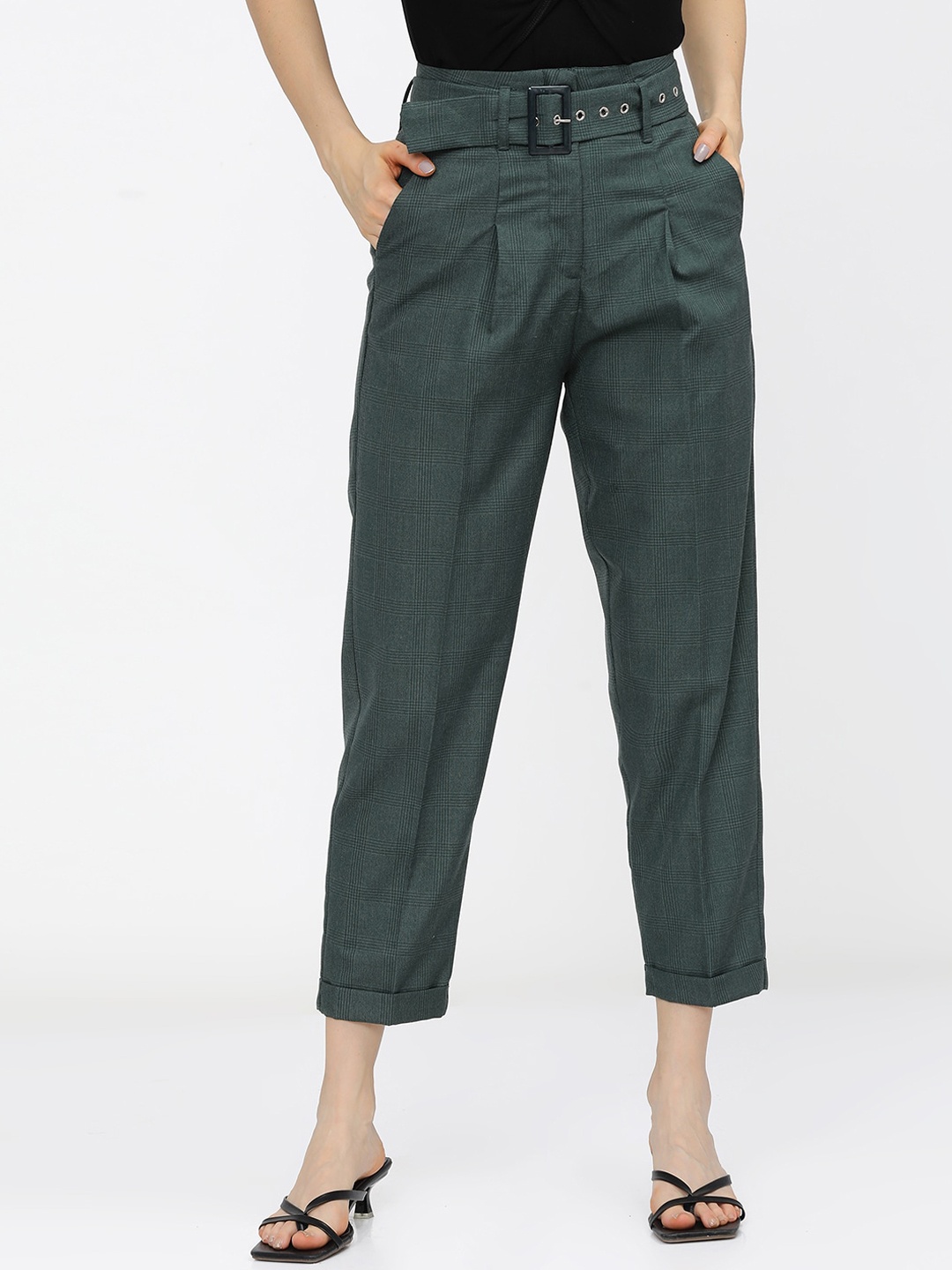 

CHIC BY TOKYO TALKIES Women Green High-Rise Pleated Trousers