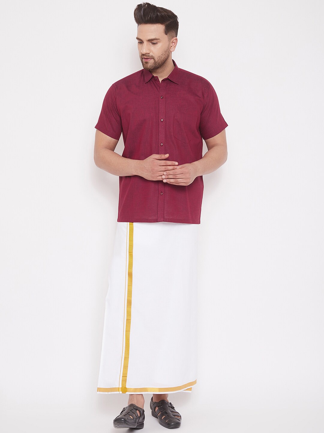 

VASTRAMAY Men Maroon & White Shirt with Dhoti