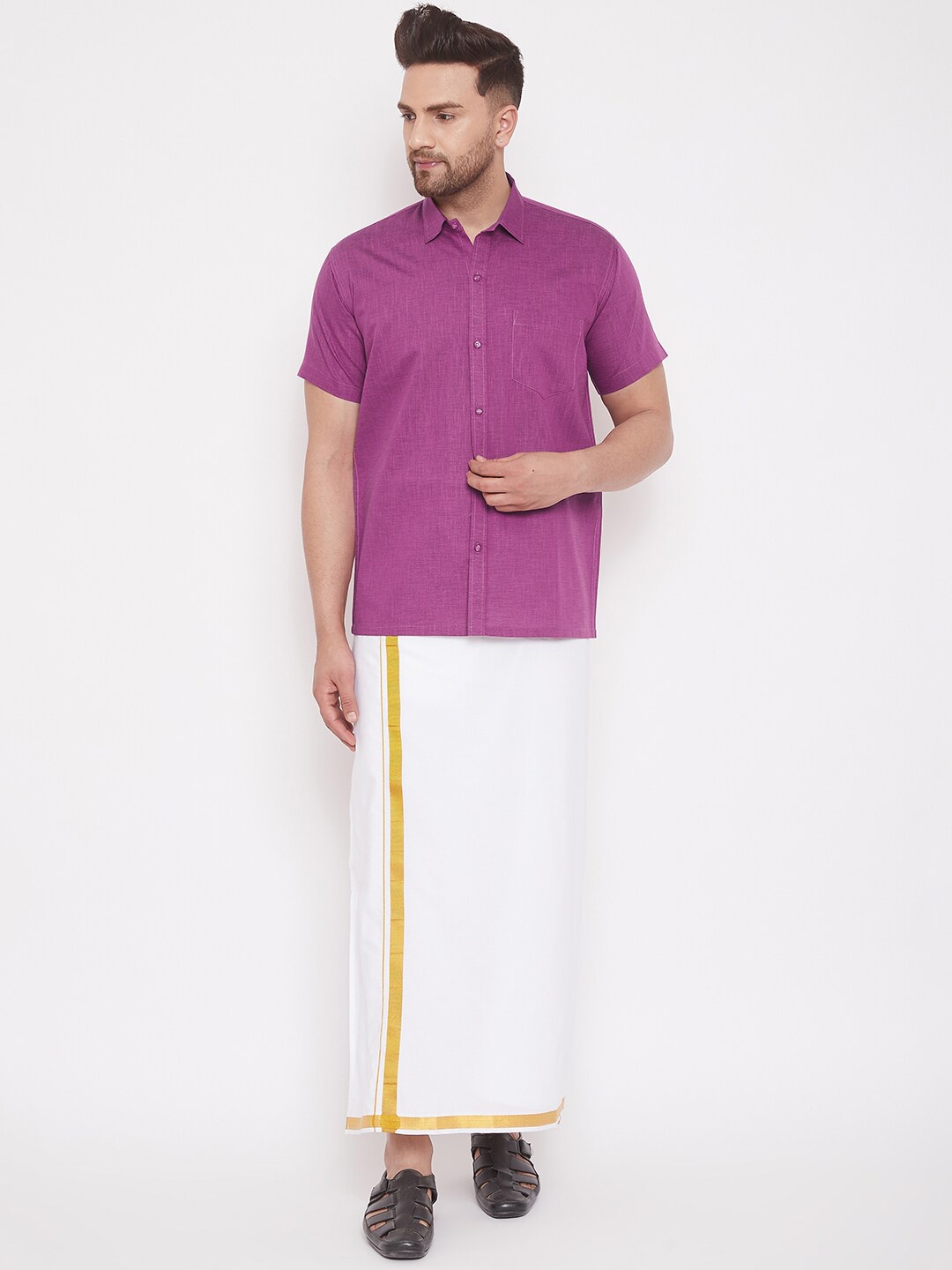 

VASTRAMAY Men Pink & White Shirt with Dhoti