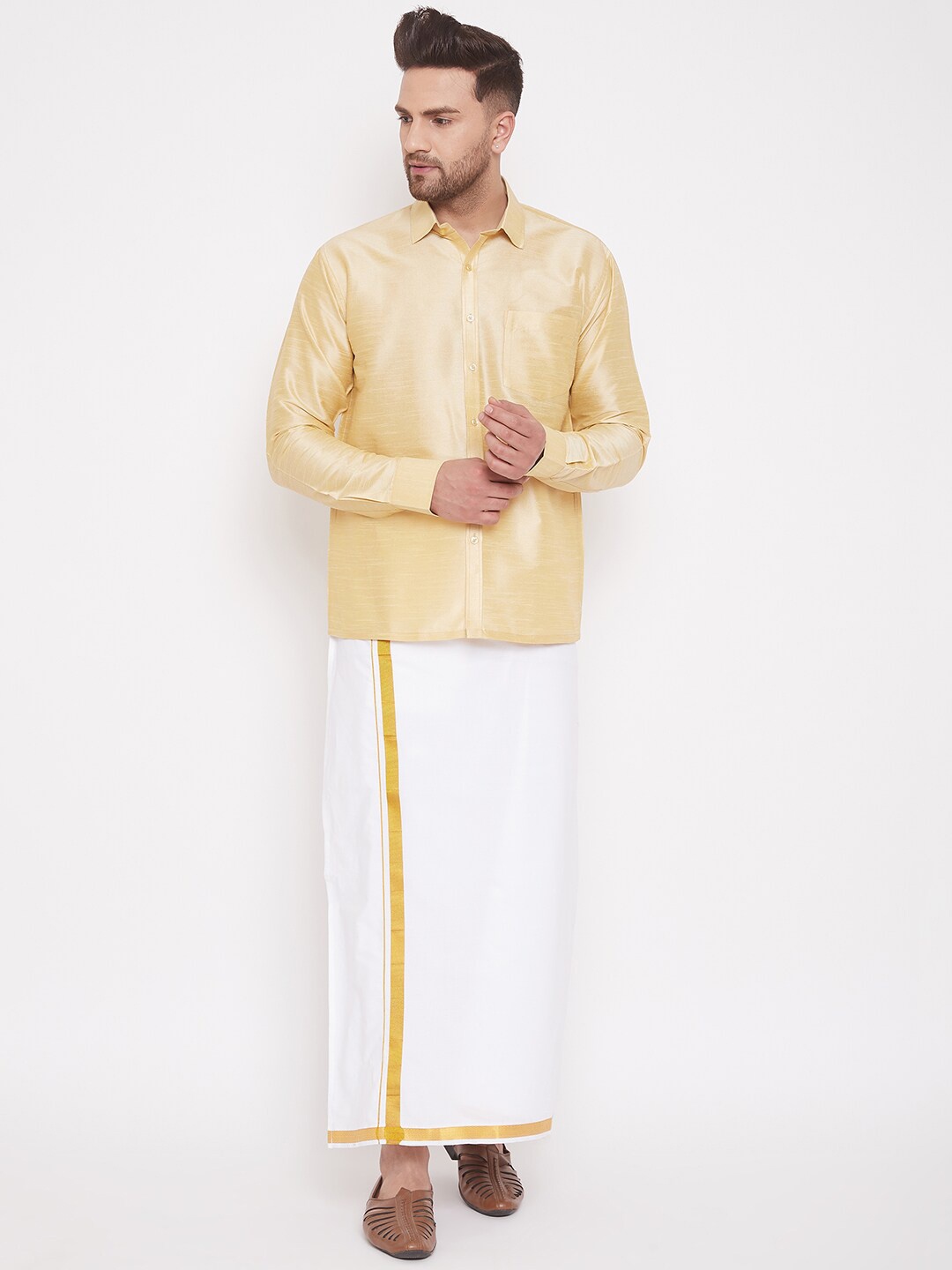 

VASTRAMAY Men Gold-Coloured & White Shirt with Dhoti