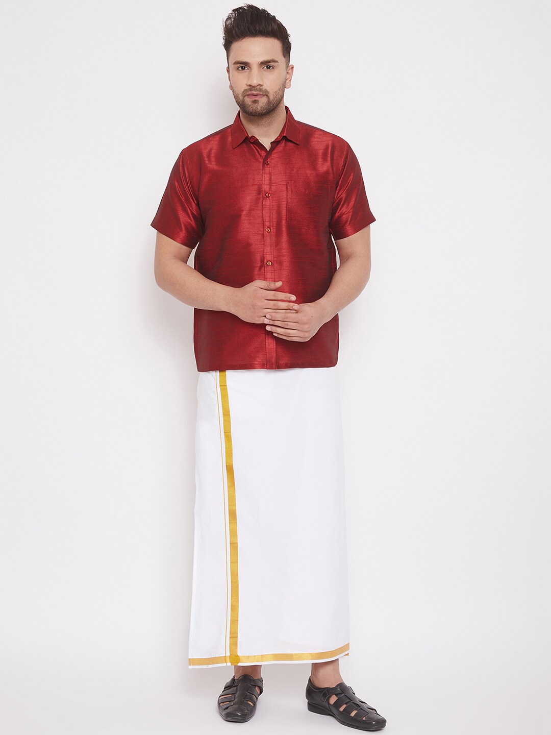 

VASTRAMAY Men Maroon & White Dhoti with Shirt Set