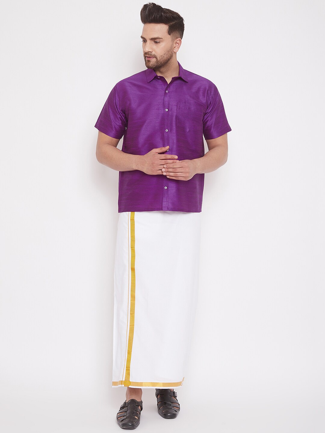 

VASTRAMAY Men Purple & White Shirt with Dhoti