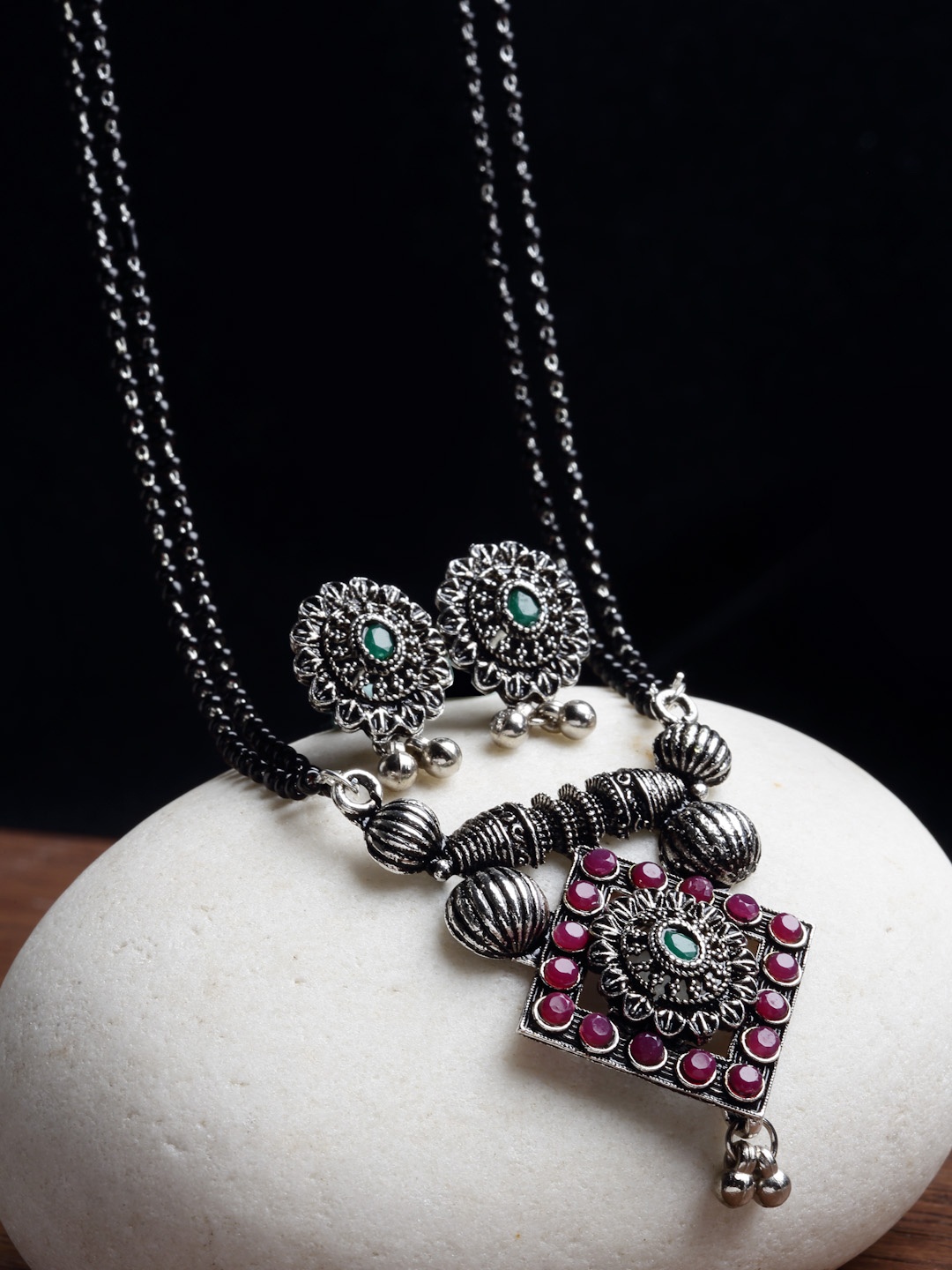 

PANASH Oxidised Silver-Plated Pink & Green Stone-Studded & Black Beaded Mangalsutra With Earrings
