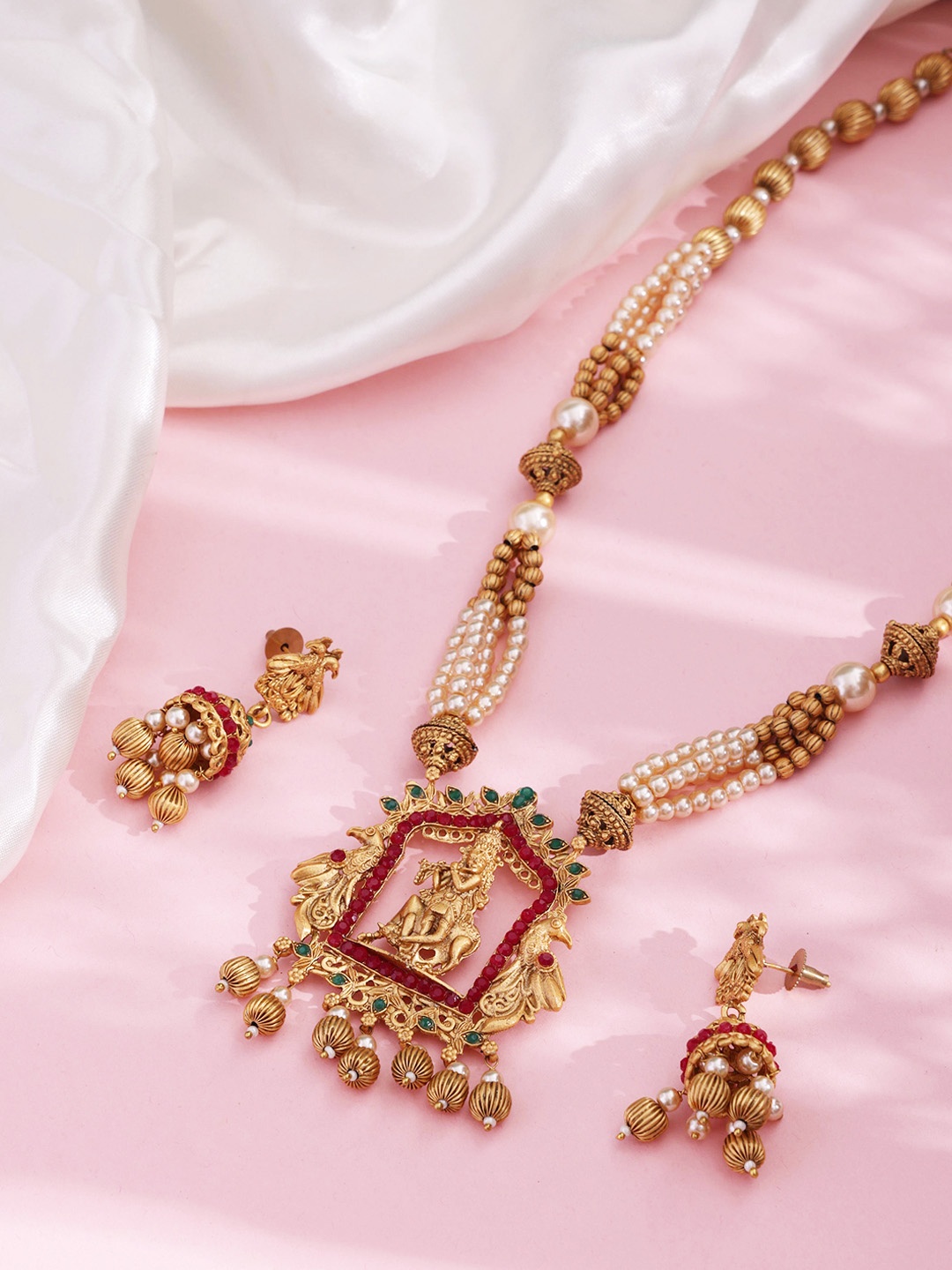 

PANASH Gold-Plated Red & Green Stone-Studded Gopala Temple Antique Jewellery Set