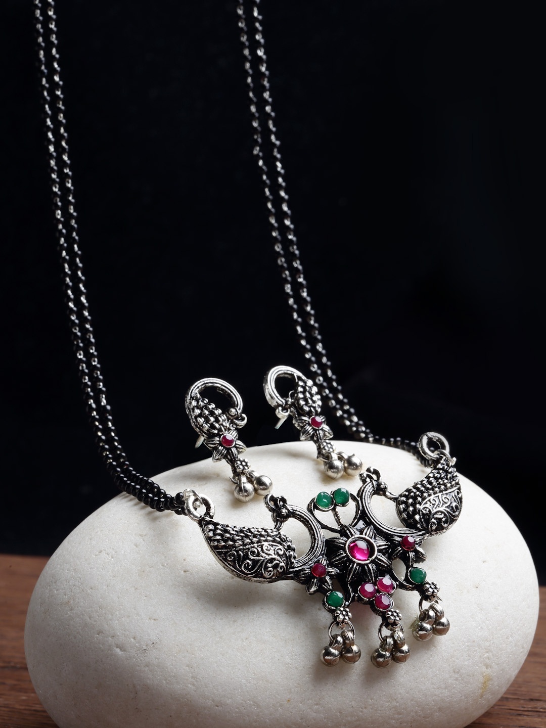 

PANASH Silver-Plated Green & Pink Stone Studded Peacock Shaped Mangalsutra Set