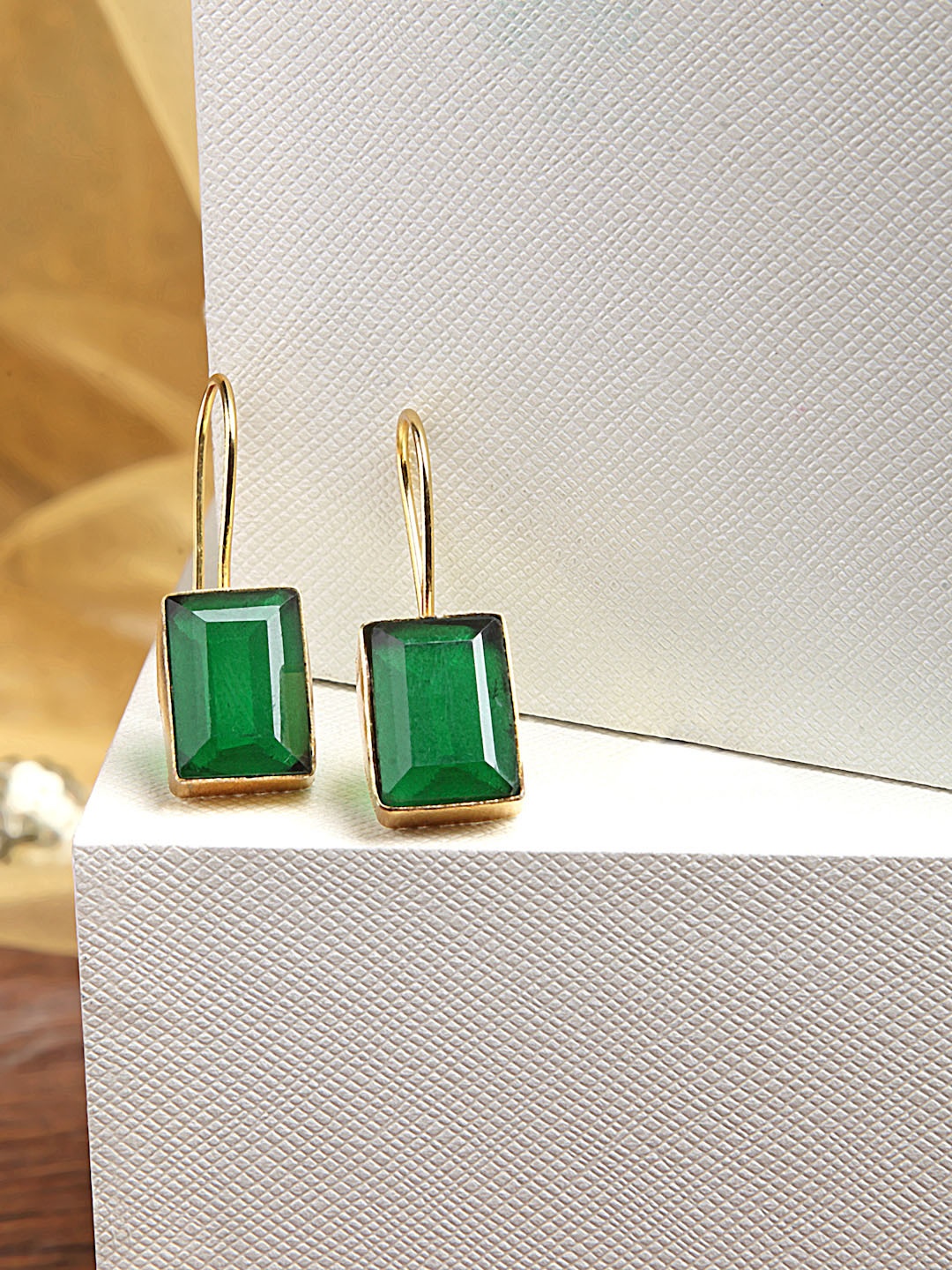

PANASH Gold-Plated Green Stone Studded Square Drop Earrings