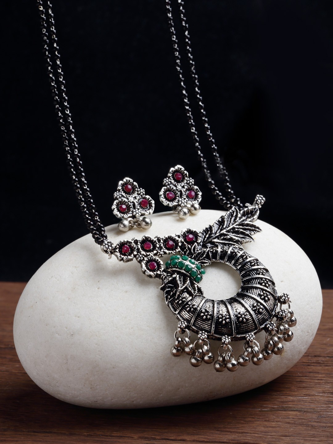 

PANASH Silver-Plated Black & Pink Stone-Studded & Beaded Mangalsutra With Earrings
