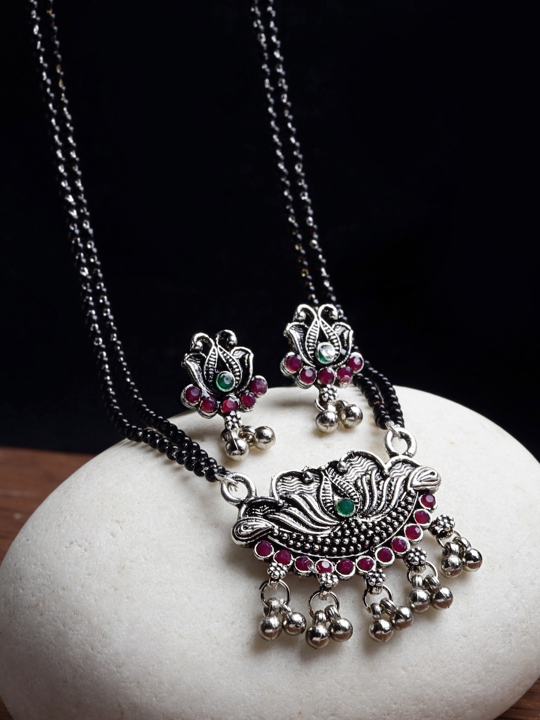 

PANASH Oxidised Silver-Plated Pink & Green Stone-Studded & Black Beaded Mangalsutra With Earrings