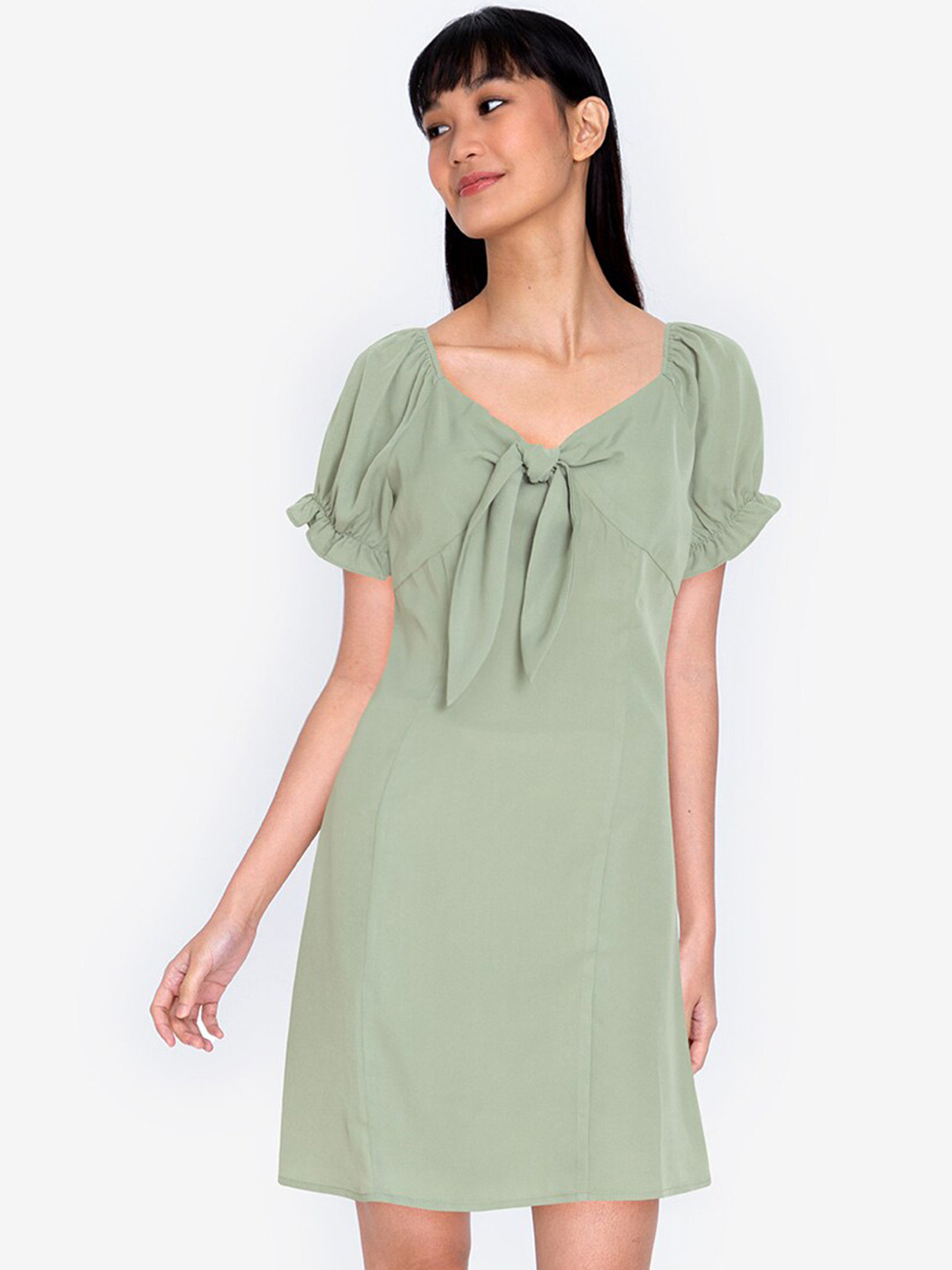 

ZALORA BASICS Green Tie-Up Neck A-Line Dress