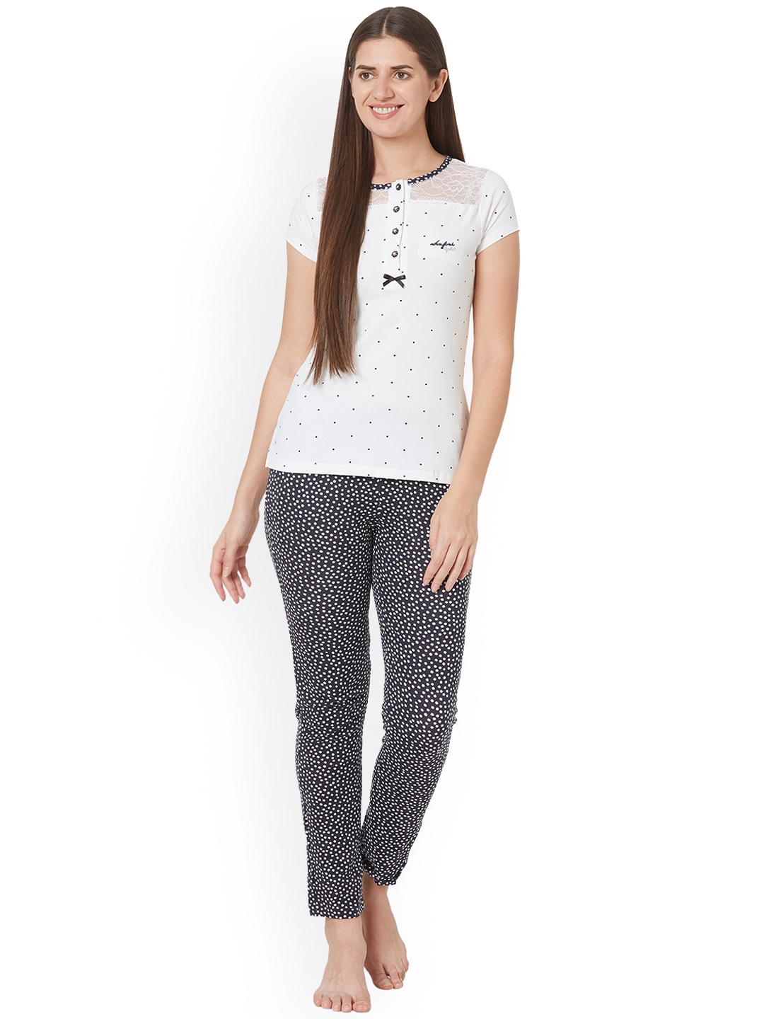 

Sweet Dreams Women White & Black Polka Dots Printed Night Suit