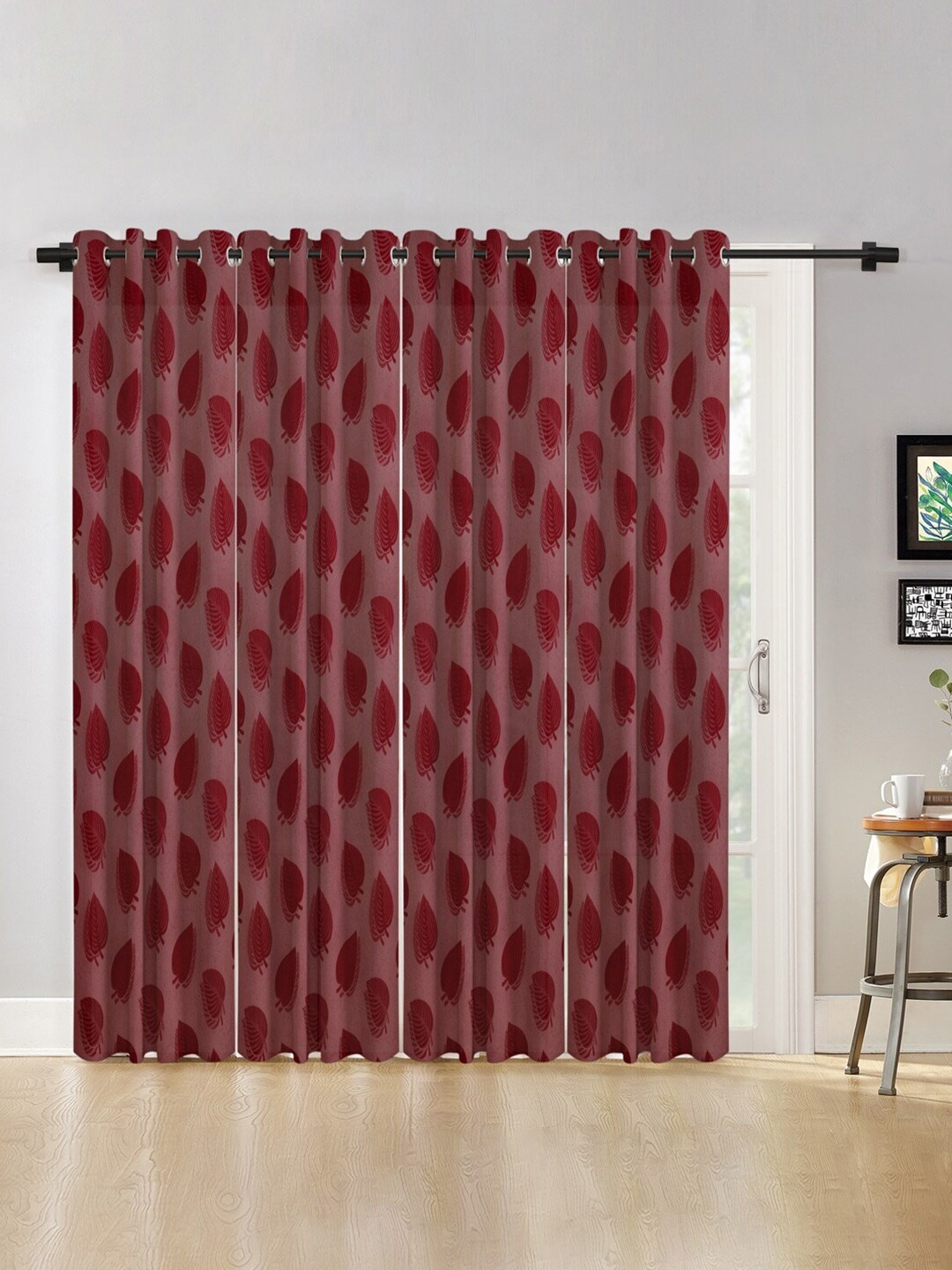 

HOSTA HOMES Maroon Set of 4 Floral Sheer Long Door Curtains