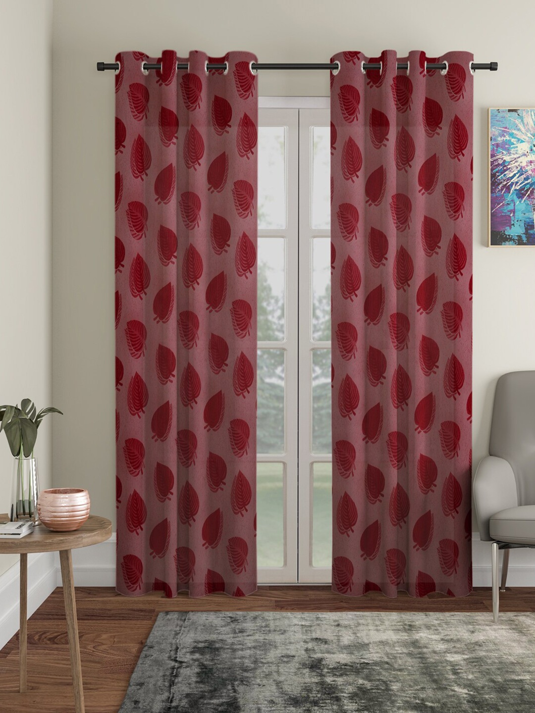 

HOSTA HOMES Maroon Set of 2 Floral Door Curtain