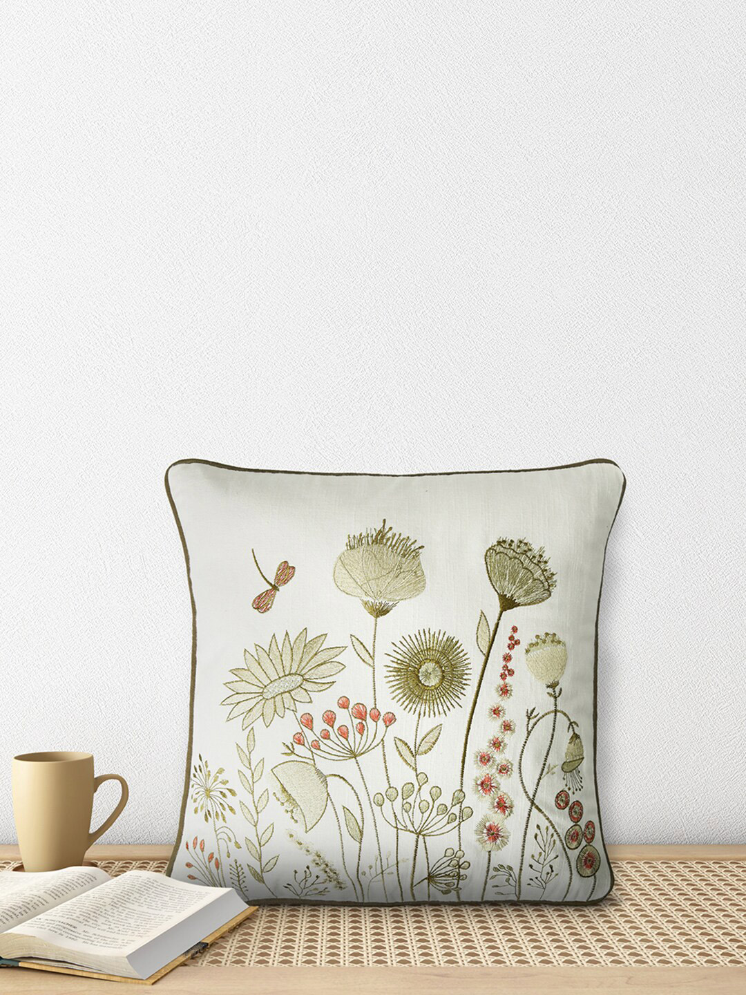 

Living scapes by Pantaloons Off White & Olive Green Floral Square Cushion Covers