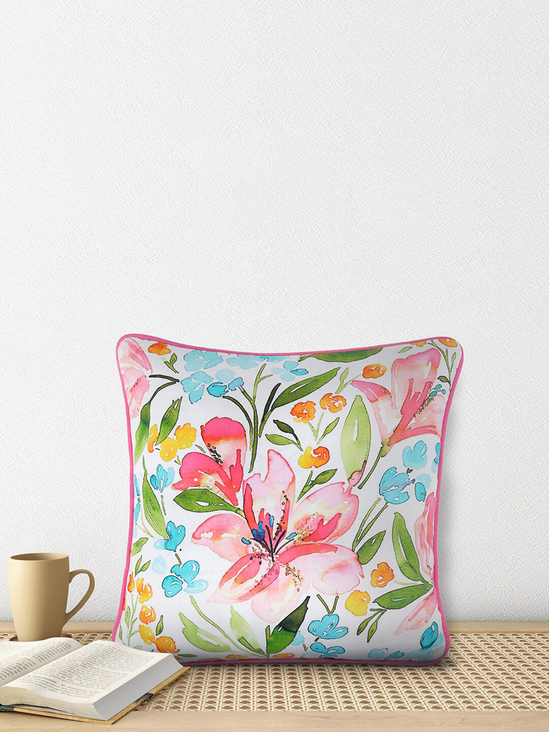 

Living scapes by Pantaloons White & Pink Floral Square Pure Cotton Cushion Covers