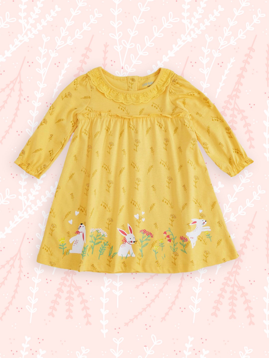 

Pantaloons Baby Infant Girls Mustard Yellow Printed Pure Cotton A-Line Dress