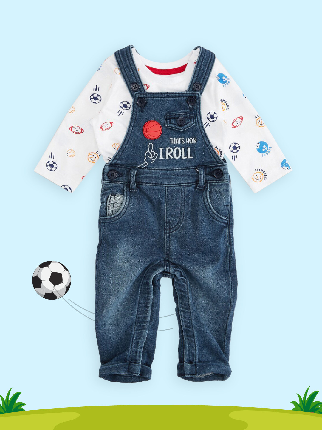 

Pantaloons Baby Boys Blue & White Printed Pure Cotton T-shirt with Dungarees